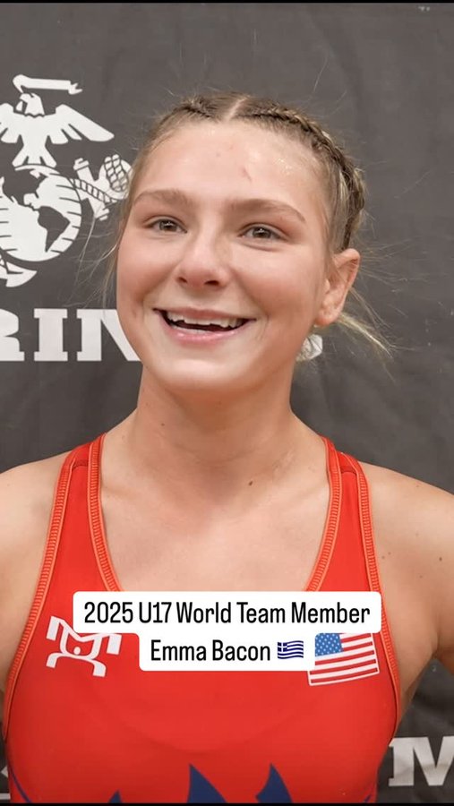 Instagram post by @usawrestling for Marines. Caption reads: 2025 U17 World Team member Emma Bacon reflects on....
