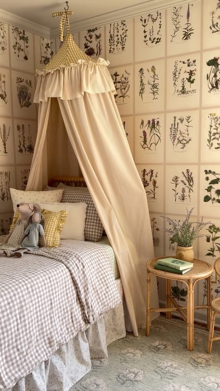 Instagram post by @thistle.harvest for Sandberg Wallpaper. Caption reads: Colette’s Bedroom Reveal 🌿🌷🌼🪻🥀🌸

Coco’s....