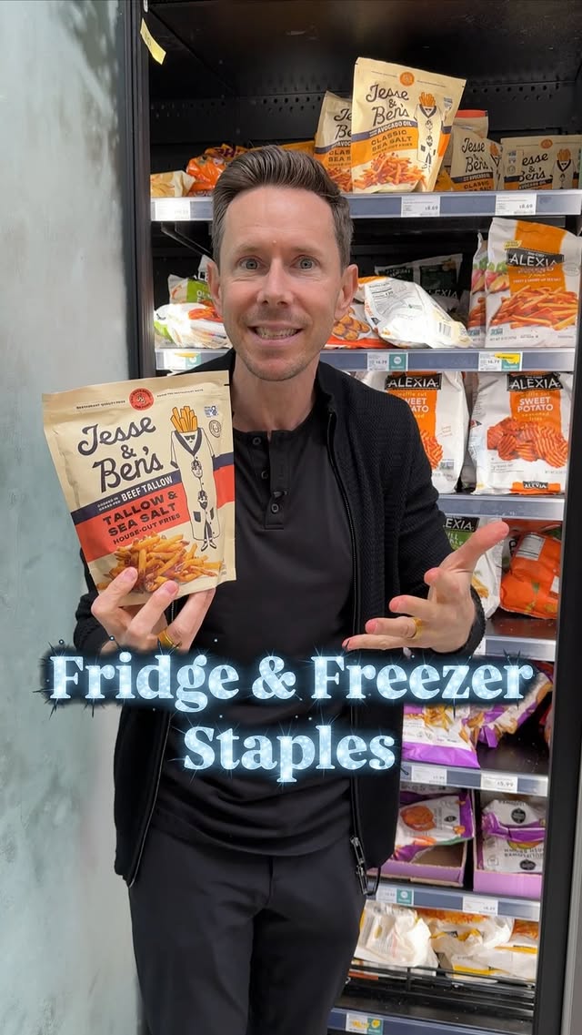 Instagram post by @bobbyparrish for Rise & Puff. Caption reads: #ad Here are some fridge & freezer staples I buy....