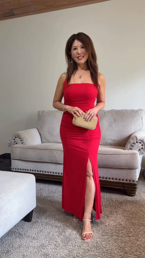 Instagram post by @myfashion_jen for Merokeety. Caption reads: Every woman deserves a red dress that makes her....