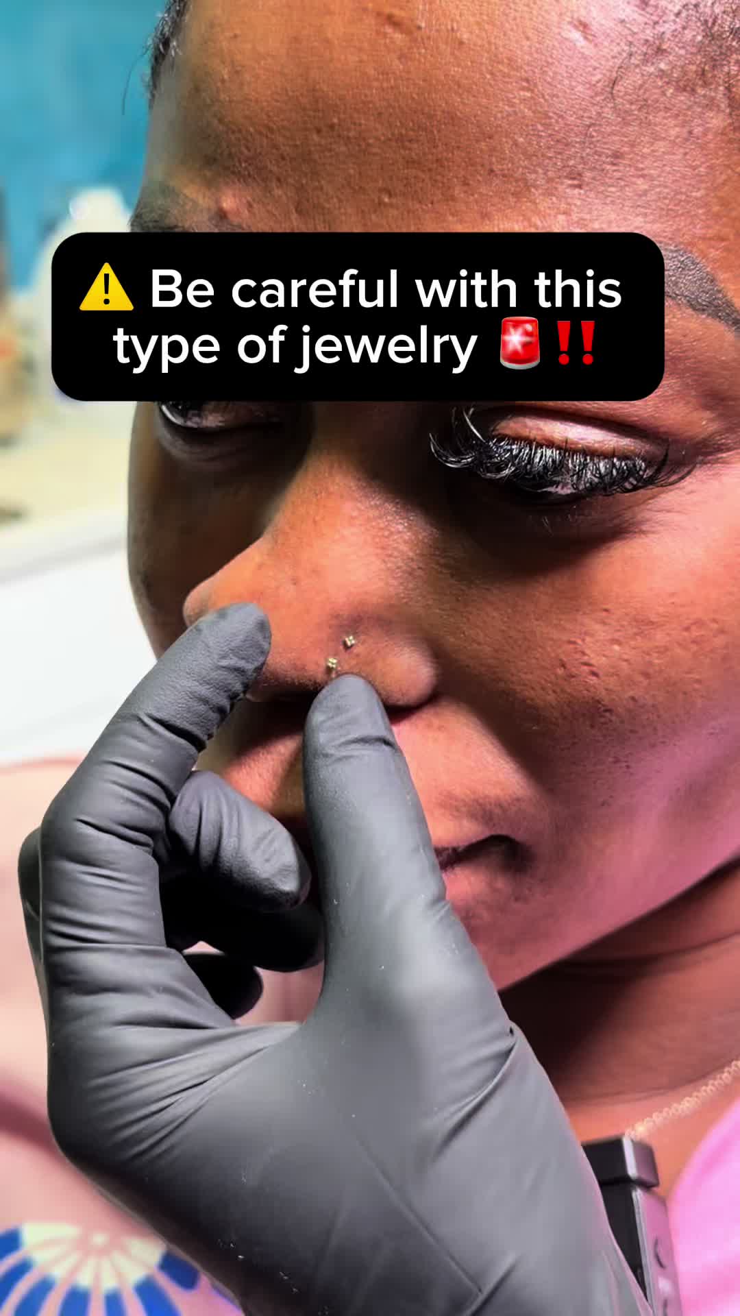 TikTok post by @anamarpiercing for Base Laboratories. Caption reads: Nose bones are risky 🚫 Sometimes they don’t heal.....