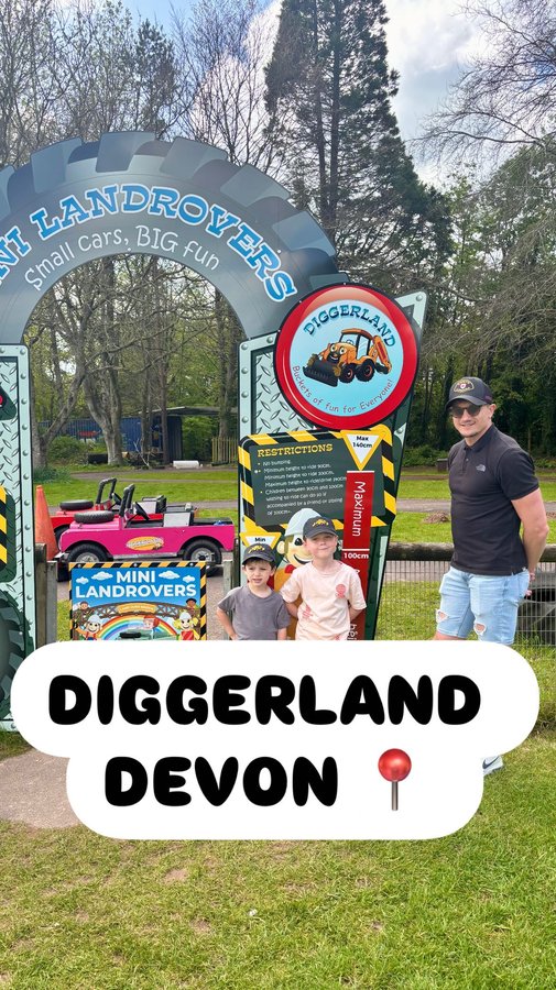 Instagram post by @familyfunwithme for Diggerland. Caption reads: DIGGERLAND DEVON 📍 Come with us to @diggerland.uk....