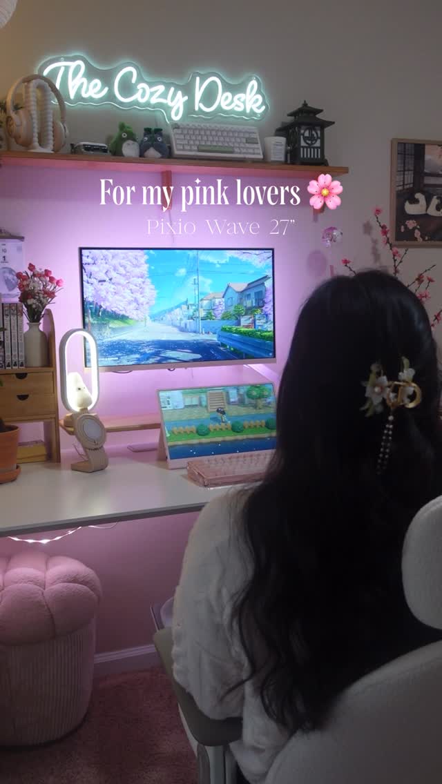 Instagram post by @the.cozydesk for Pixio Gaming. Caption reads: When your monitor matches your mood board 💕
My....