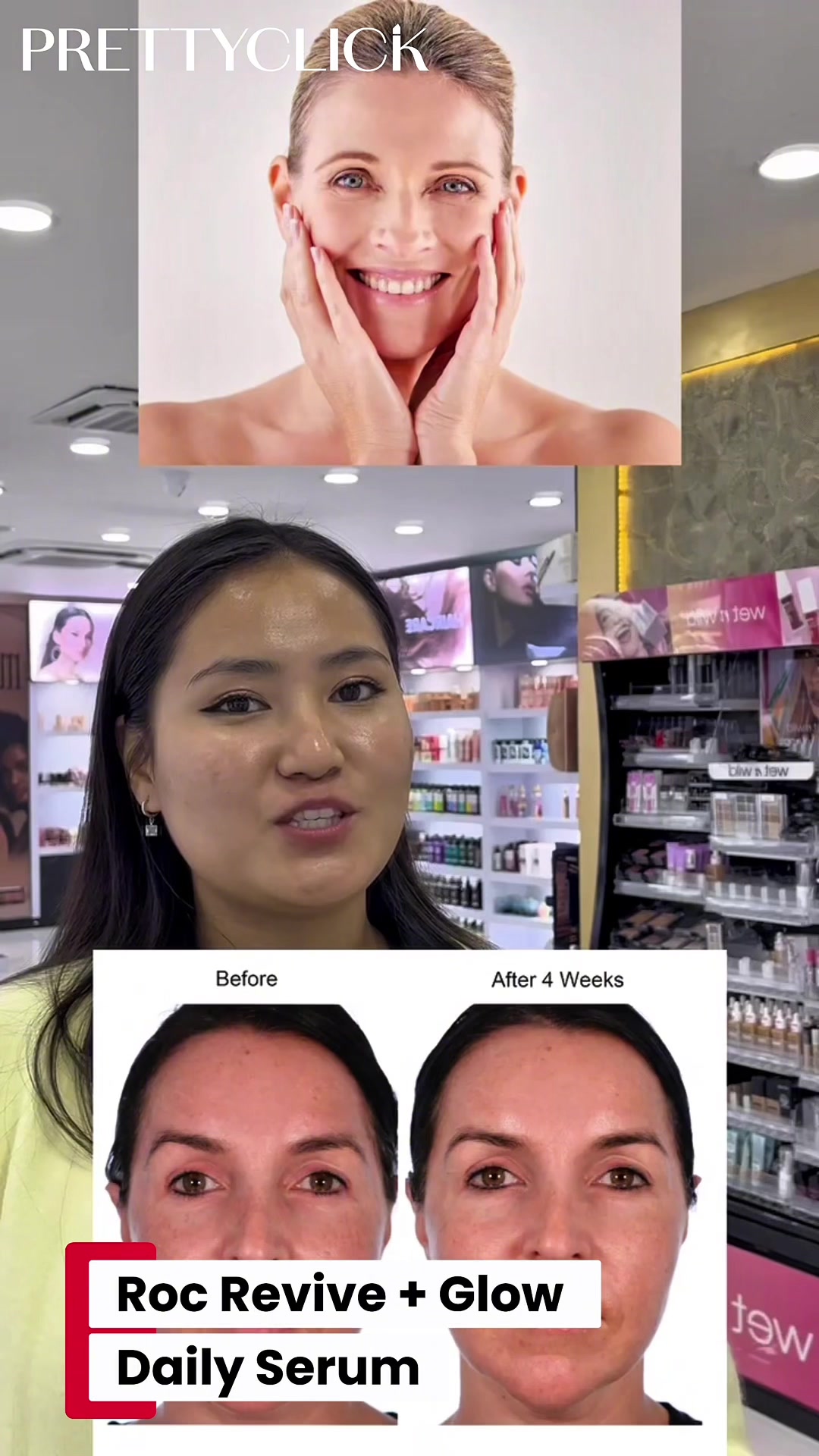 TikTok post by @prettyclicknepal for RoC Skincare. Caption reads: @RoC Skincare  Revive + Glow Daily Serum💫 RoC’s....