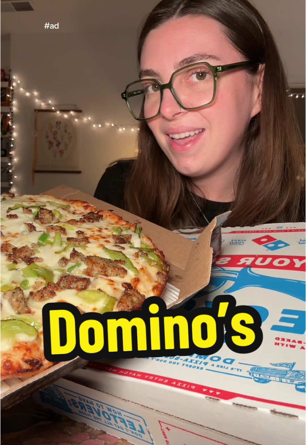 TikTok post by @mckennaiseating for Domino's. Caption reads: #ad ANY PIZZA? ANY TOPPINGS? $9.99?! COUNT ME IN‼️....