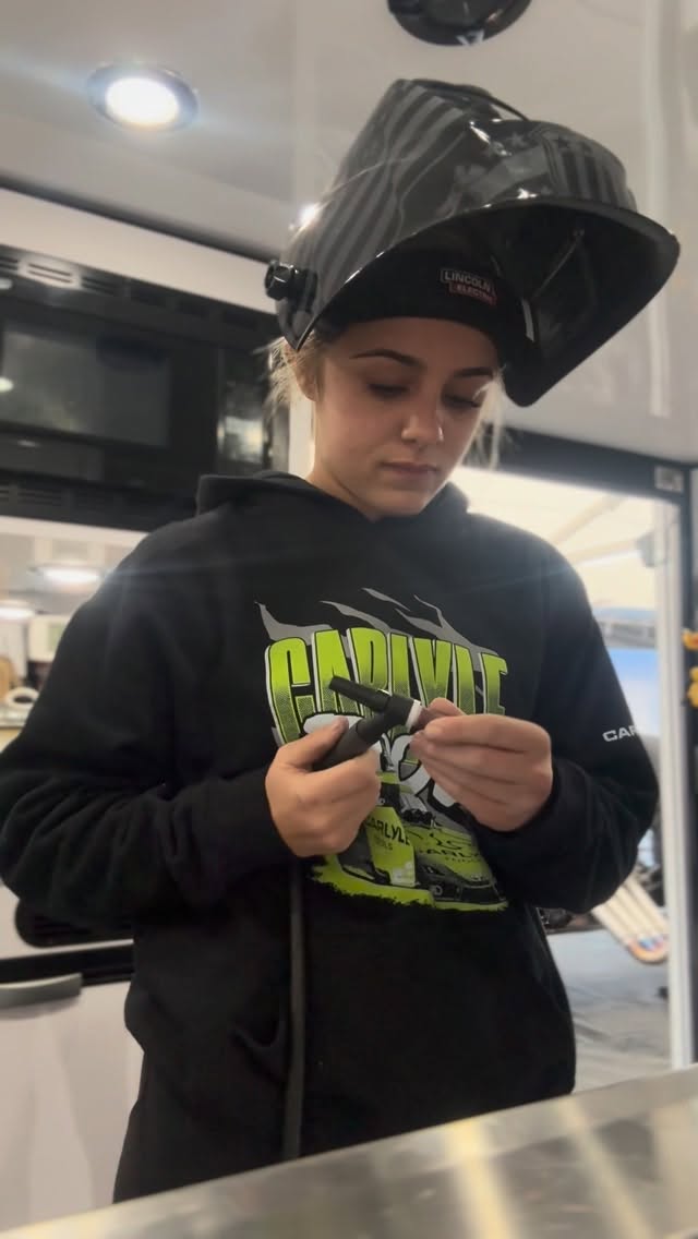 Instagram post by @maddigordon.racing for Lincoln Electric. Caption reads: Quick fuel tank repair with @lincolnelectric....