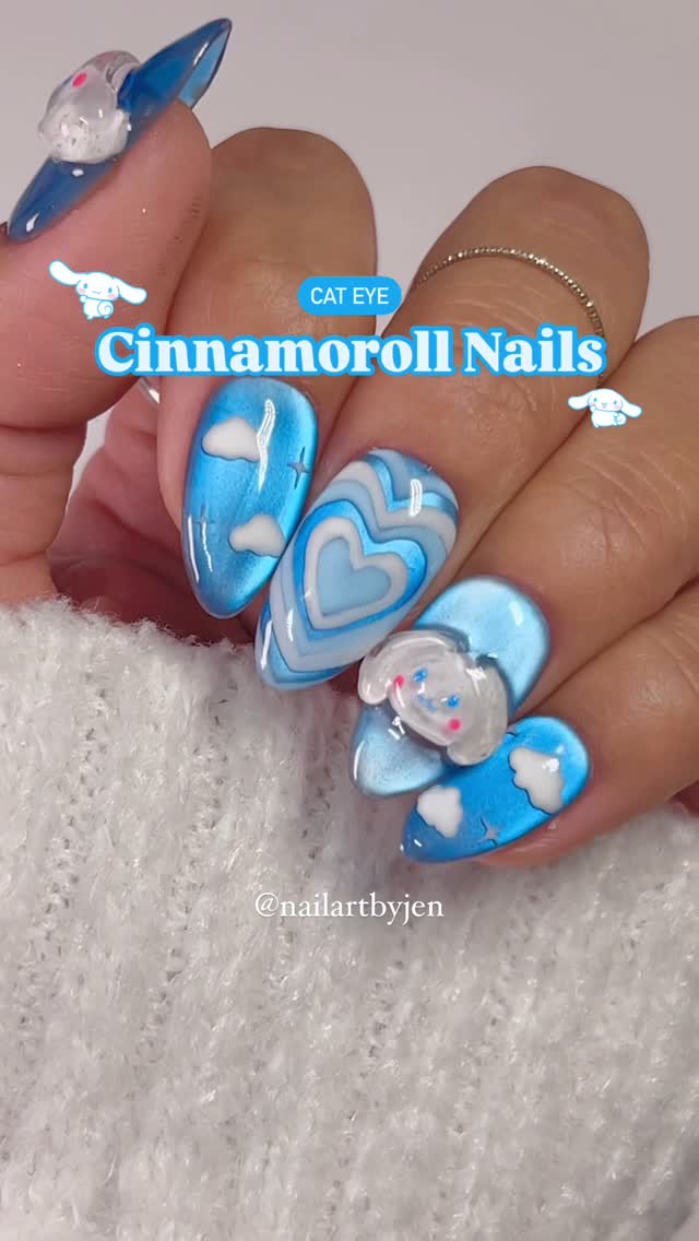 Instagram post by @nailartbyjen for Refinery29. Caption reads: 3D glow in the dark Cinnamoroll cat eye....