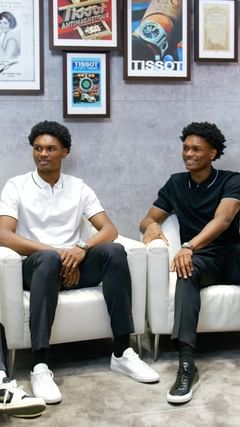 Instagram post by @ausarthompson for Tissot USA. Caption reads: What’s it like being twins in the NBA? We sat down....