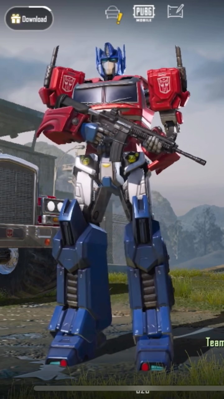 Instagram post by @epicvoiceguy for PUBG MOBILE. Caption reads: 🤖 My first look at Optimus Prime skin in....