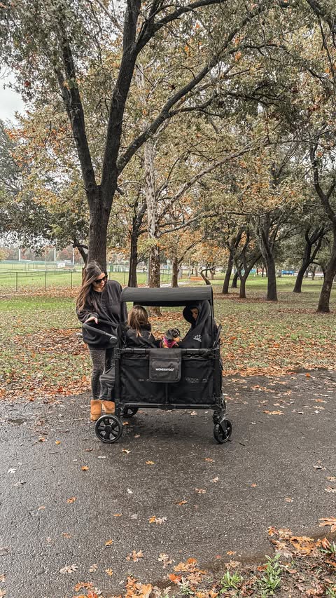 Instagram post by @haleymartinoxo for WonderFold. Caption reads: Wagon of my dreams 🖤 #wonderfoldpartner We made....