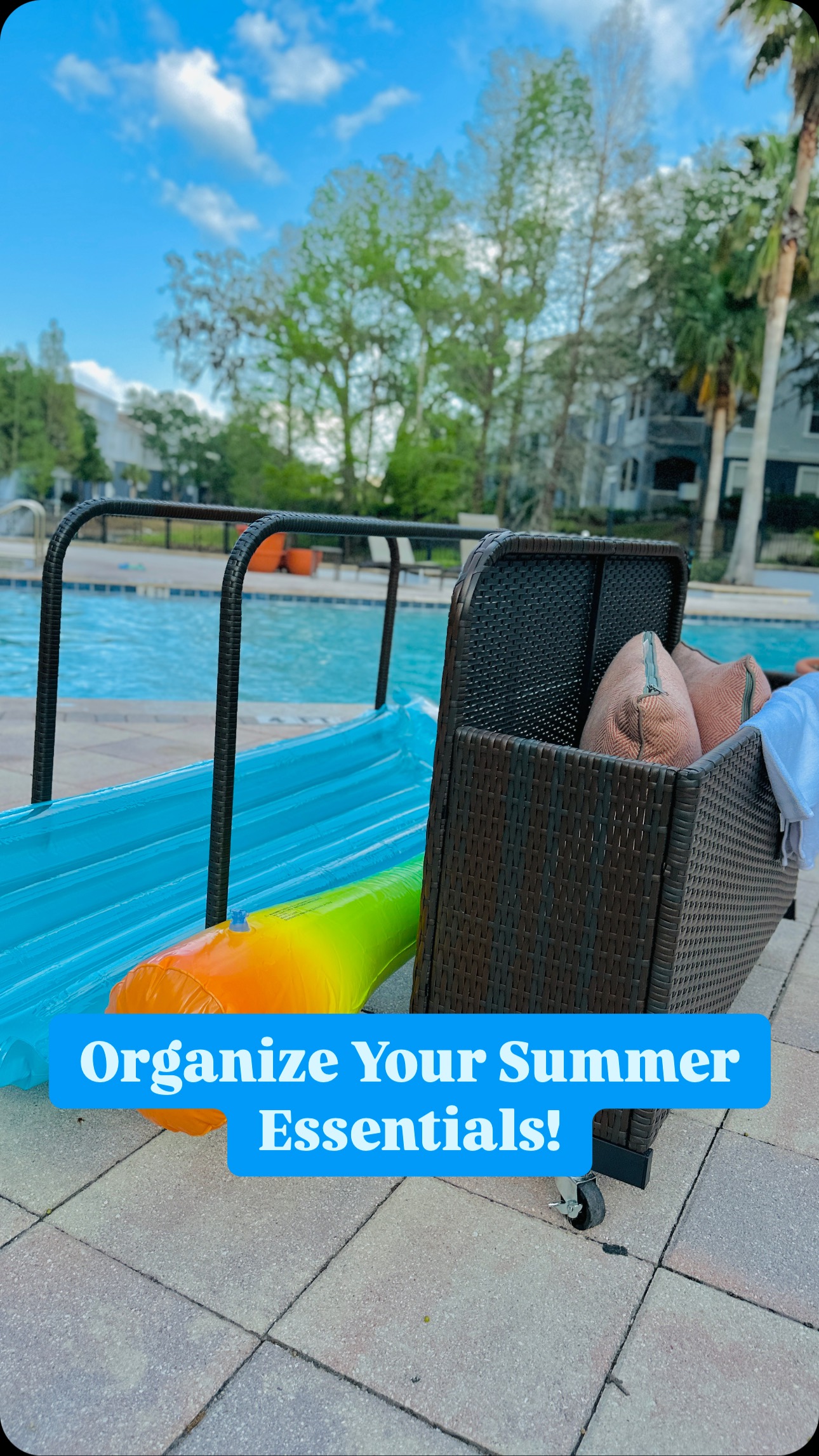 Instagram post by @moonpriyaa for YITAHOME. Caption reads: Keep your pool area organized and stylish with....