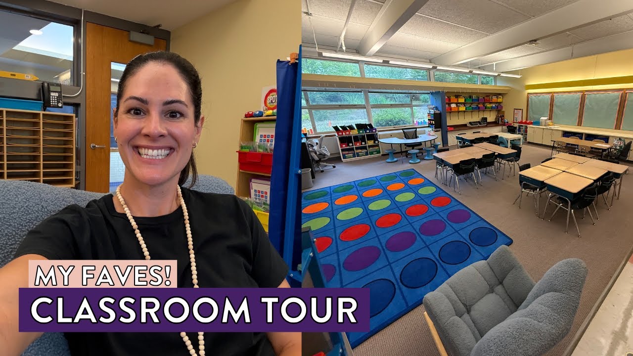 YouTube post by @SusanJonesTeaching for Lakeshore Learning. Caption reads: FULL Classroom Tour 2025 - First Grade Classroom....