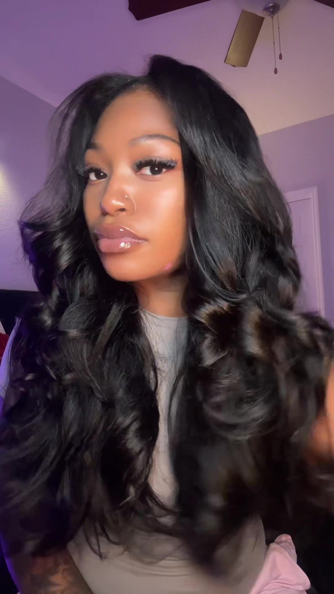 TikTok post by @kallmelanaaa for Celie Hair. Caption reads: Celie Hair Pre-Layered Yaki Body v part Wig 😍....
