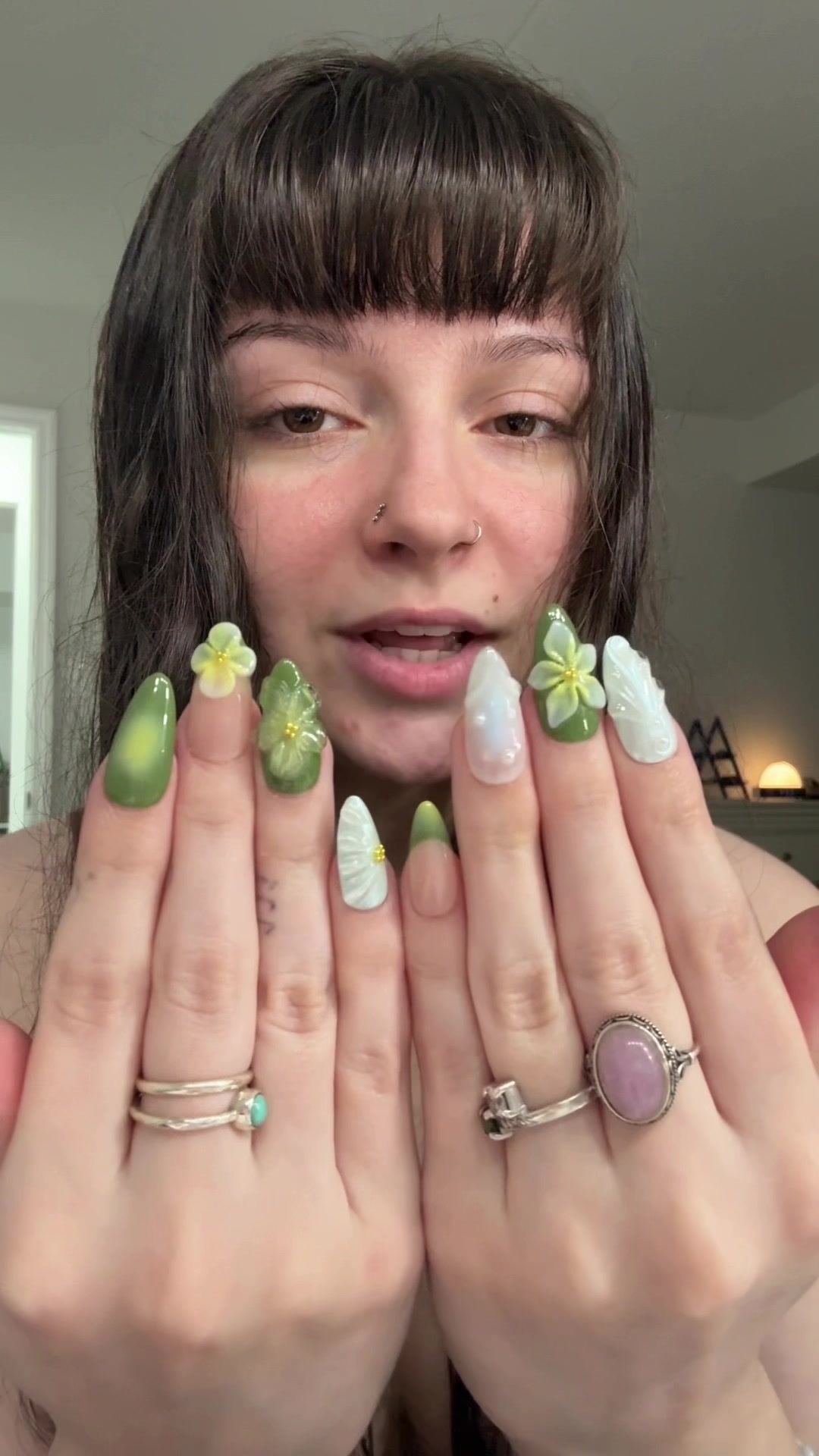 TikTok post by @v1rgopr1ncess444 for Ersa Nails. Caption reads: @Ersa Nails I loveee this set 🍃🧚🏻‍♀️ #nails....