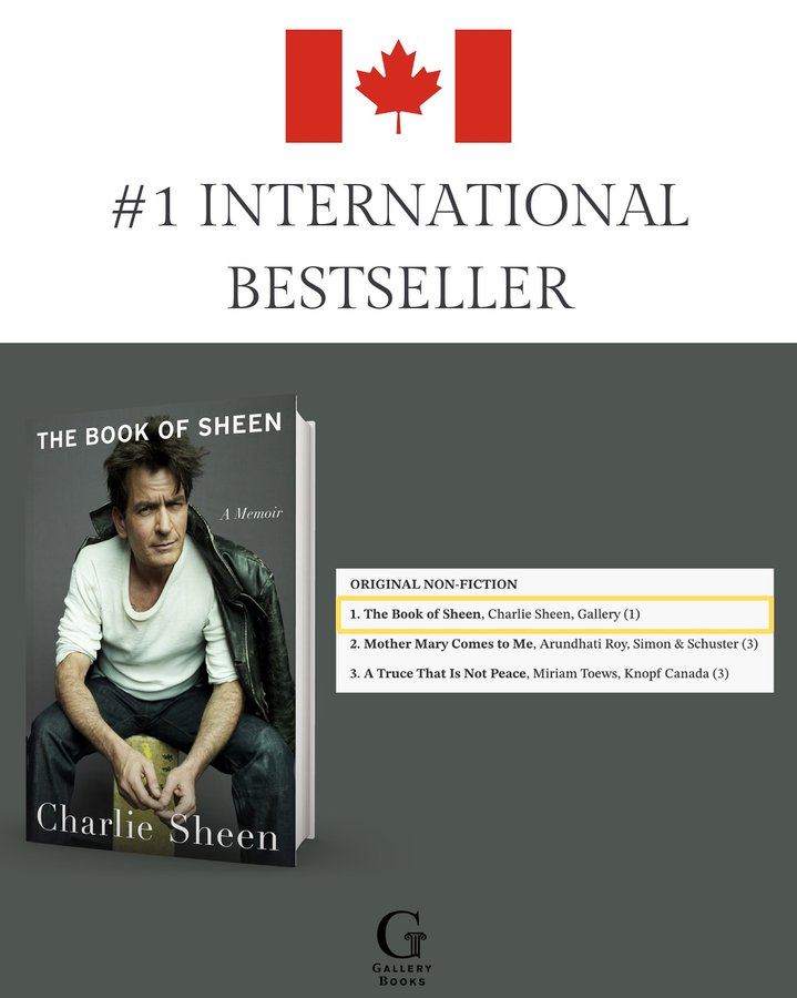 Instagram post by @charliesheen for Gallery Books Group. Caption reads: @charliesheen’s THE BOOK OF SHEEN is #1 in Canada!....