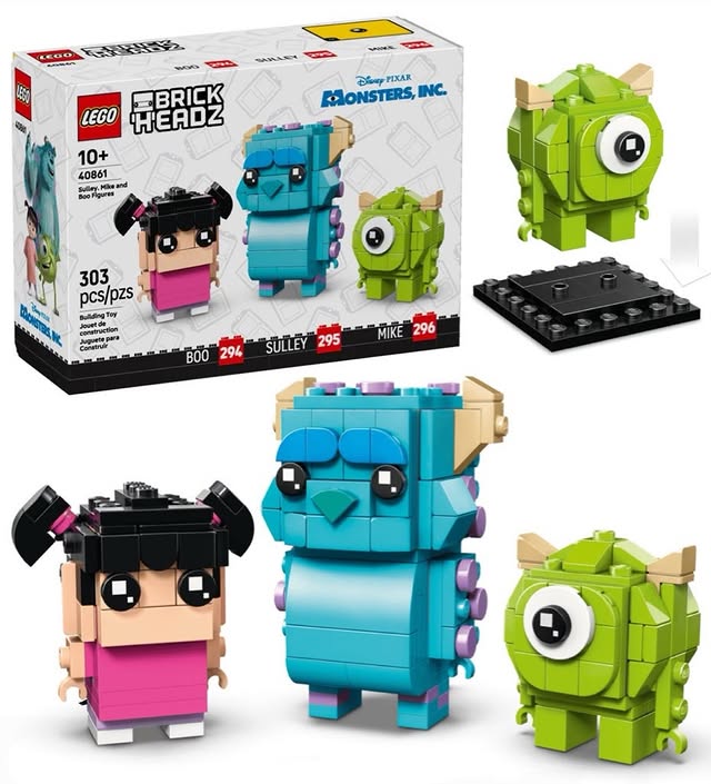 Instagram post by an influencer for Unknown Brand. Caption reads: First look! New LEGO Monsters Inc. BrickHeadz....