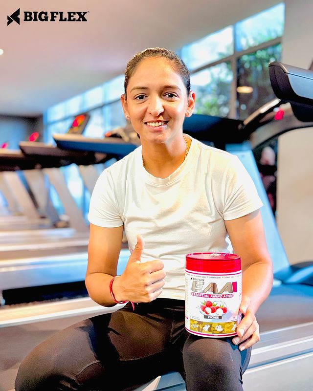 Instagram post by @imharmanpreet_kaur for Big Flex - Sports Nutrition. Caption reads: Fuel your fitness with every rep! 💪 @bigflex.in....