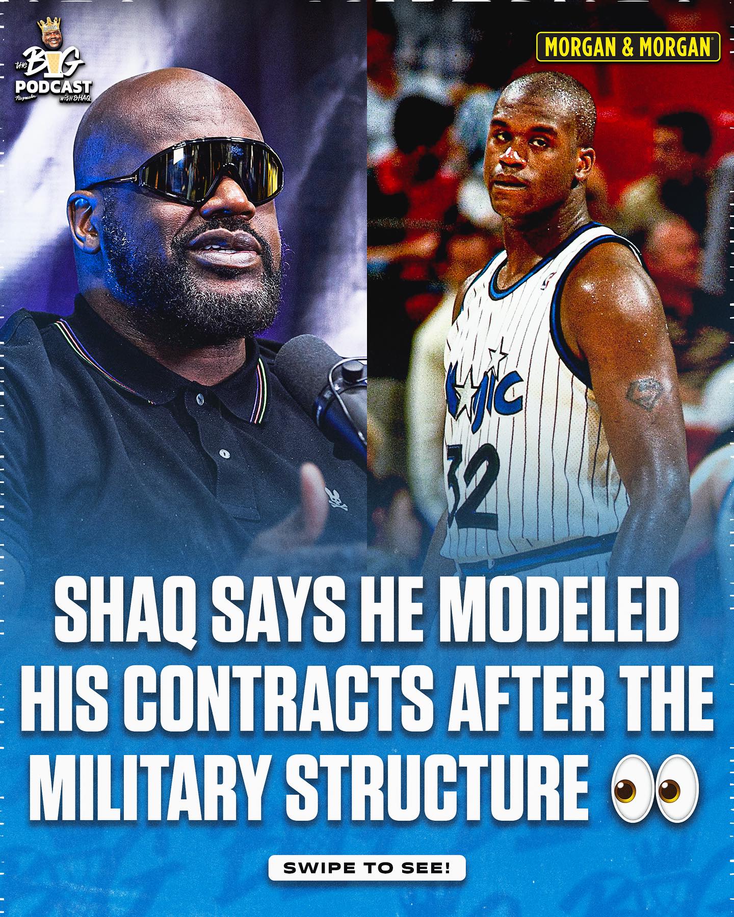 Instagram post by @thebigpodwithshaq for Morgan & Morgan. Caption reads: This was all on purpose 👀

If you’re ever....