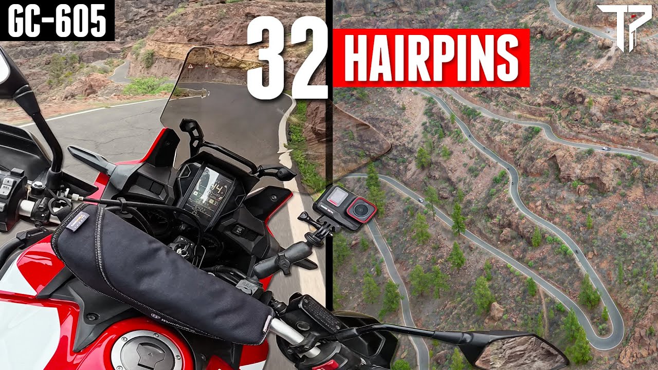 YouTube post by @teapotone for Audiio. Caption reads: GC-605 Motorcycle Ride | 32 Hairpins, Africa Twin....