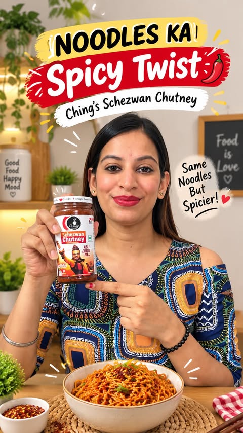 Instagram post by @kaurgeous_chawla for Ching's Secret. Caption reads: Plain noodles? Not anymore! 🌶️🍜 Added a little....