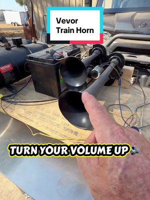 TikTok post by @wickedwayne777 for Vevor Outdoor Store US. Caption reads: This train horn is NO joke! 📣😂 Four trumpets and....