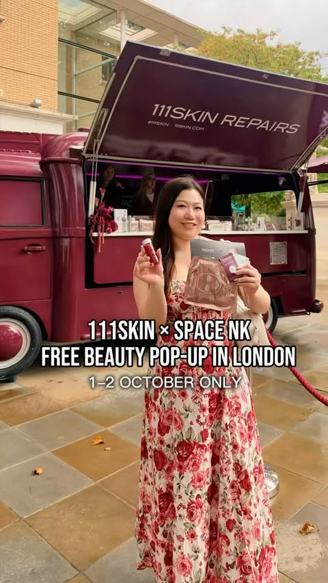 Instagram post by @jw_londonexplore for Space NK. Caption reads: FREE 111SKIN × Space NK beauty pop-up in London....