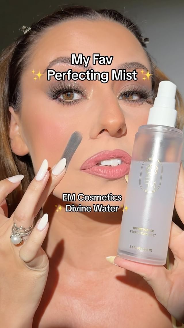 Instagram post by @roseandben for EM Cosmetics. Caption reads: AD💫 @emcosmetics 🪽Divine Water Perfecting Mist🪽....