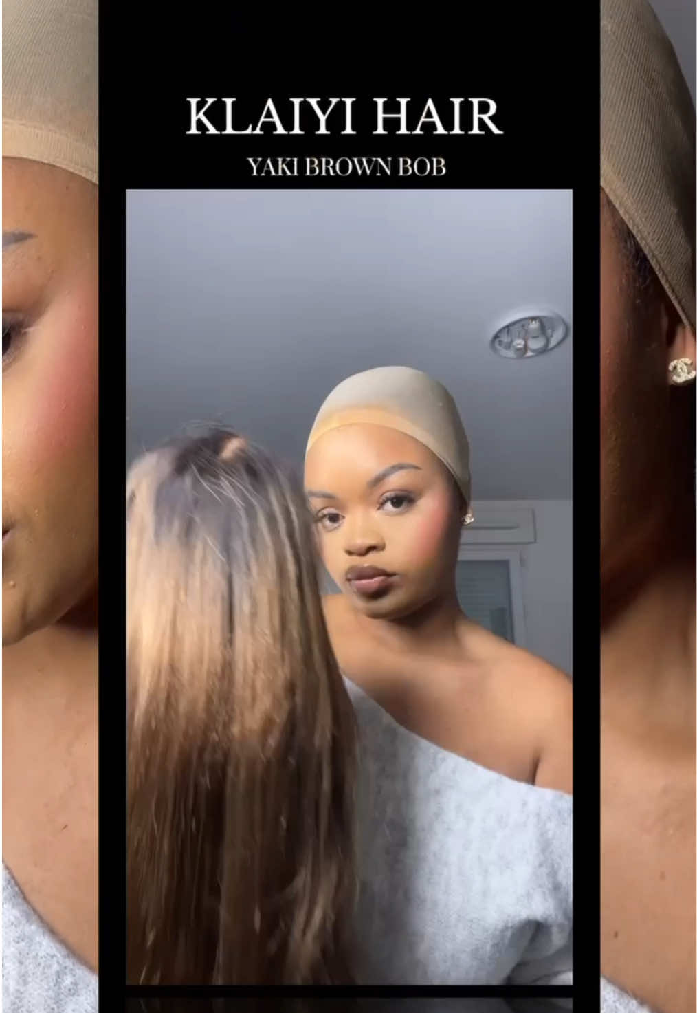 TikTok post by @rachelfts1 for Klaiyi Hair. Caption reads: Lien bio🤍 Thanks to @Klaiyi Hair Un Bob marron....