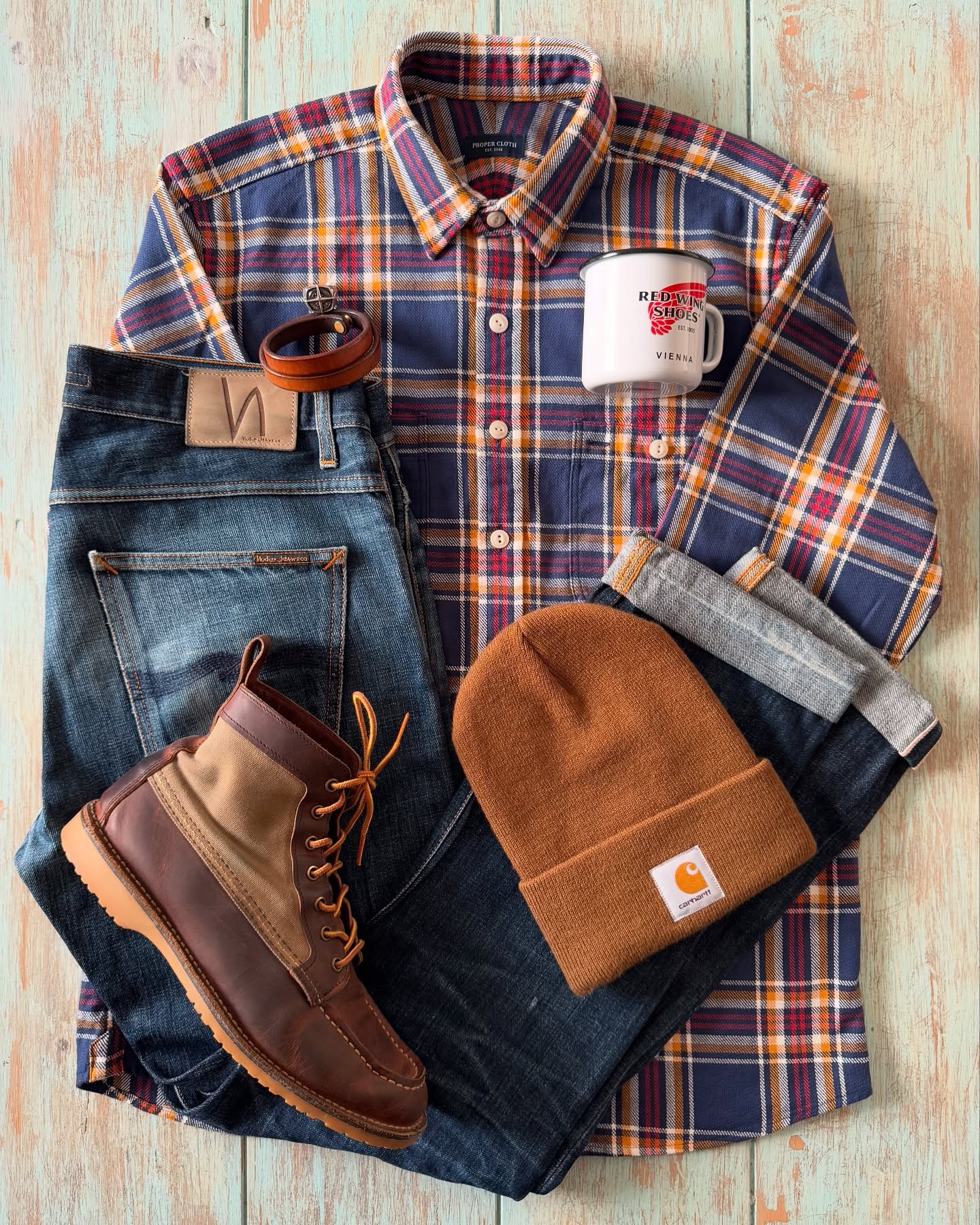 Instagram post by @joey_sam_blue for Red Wing Heritage. Caption reads: Heritage workwear style of the day, Have a Kool....