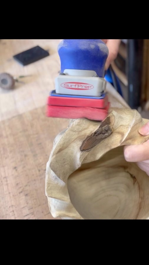 Instagram post by @theshop_wooddesigns for SurfPrep sanding. Caption reads: [...] I talked to the awesome folks from....