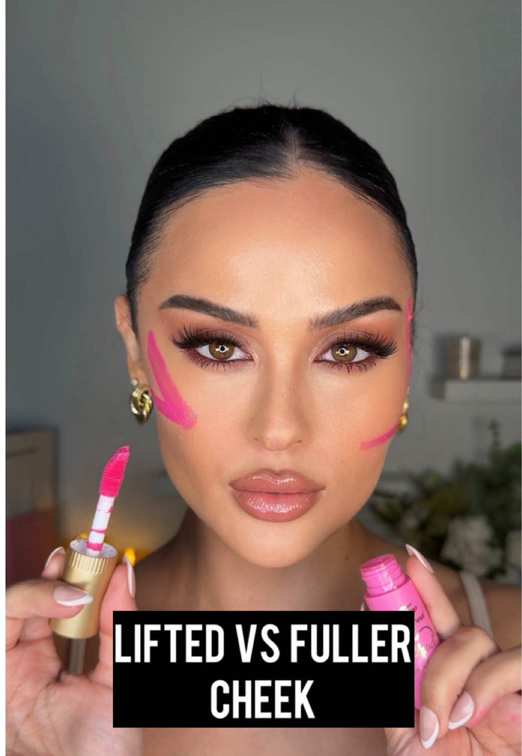TikTok post by @christendominique for Too Faced. Caption reads: Lifted vs fuller blush ✨  Which side are you....