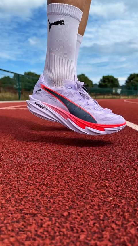 Instagram post by @gregoshea for PUMA Running. Caption reads: 😮‍💨Race day shoes. PUMA Deviate Nitro Elite 4,....