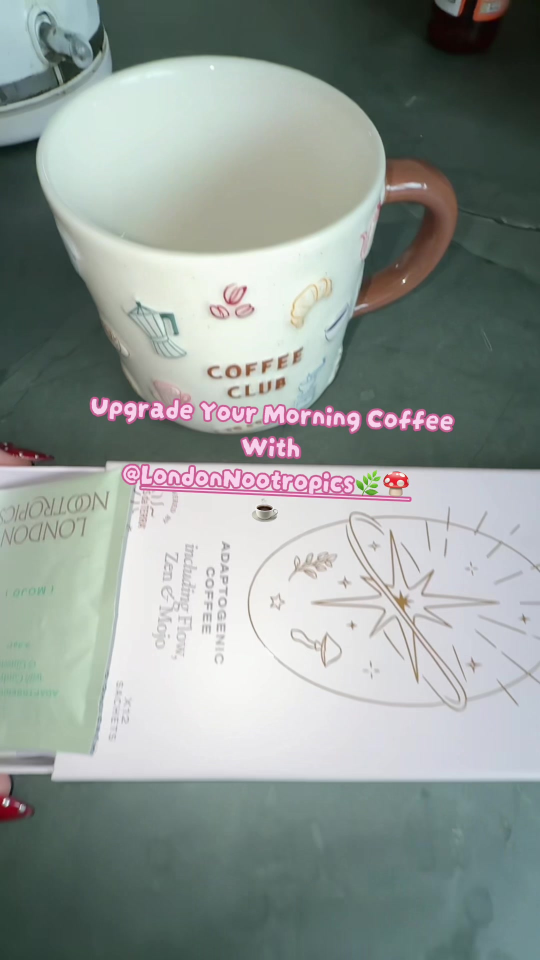 TikTok post by @lunalove963 for London Nootropics. Caption reads: Upgrade your morning coffee ☕️ With @London....