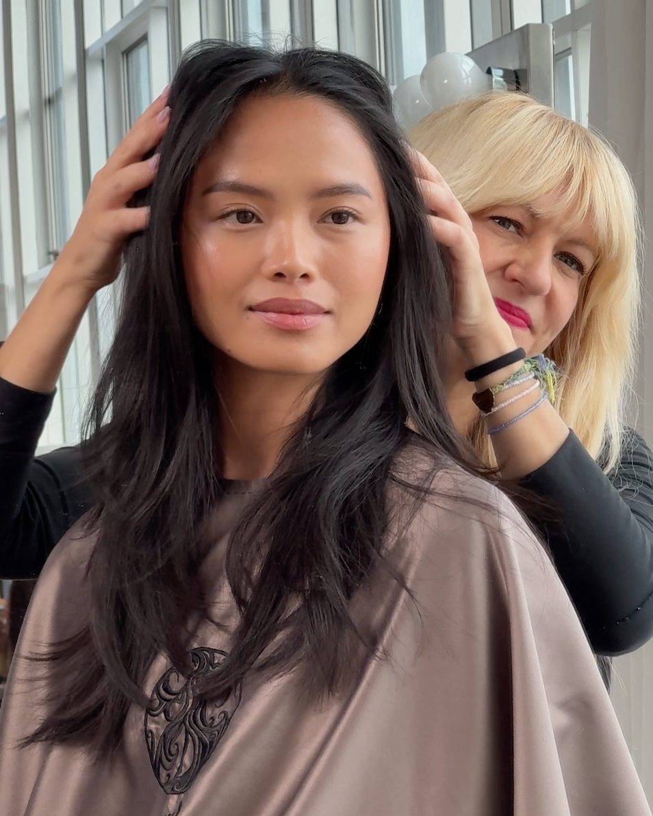 Instagram post by @katiemhair for Oribe. Caption reads: Polish. Perfect. Protect. ✨Global Artist....