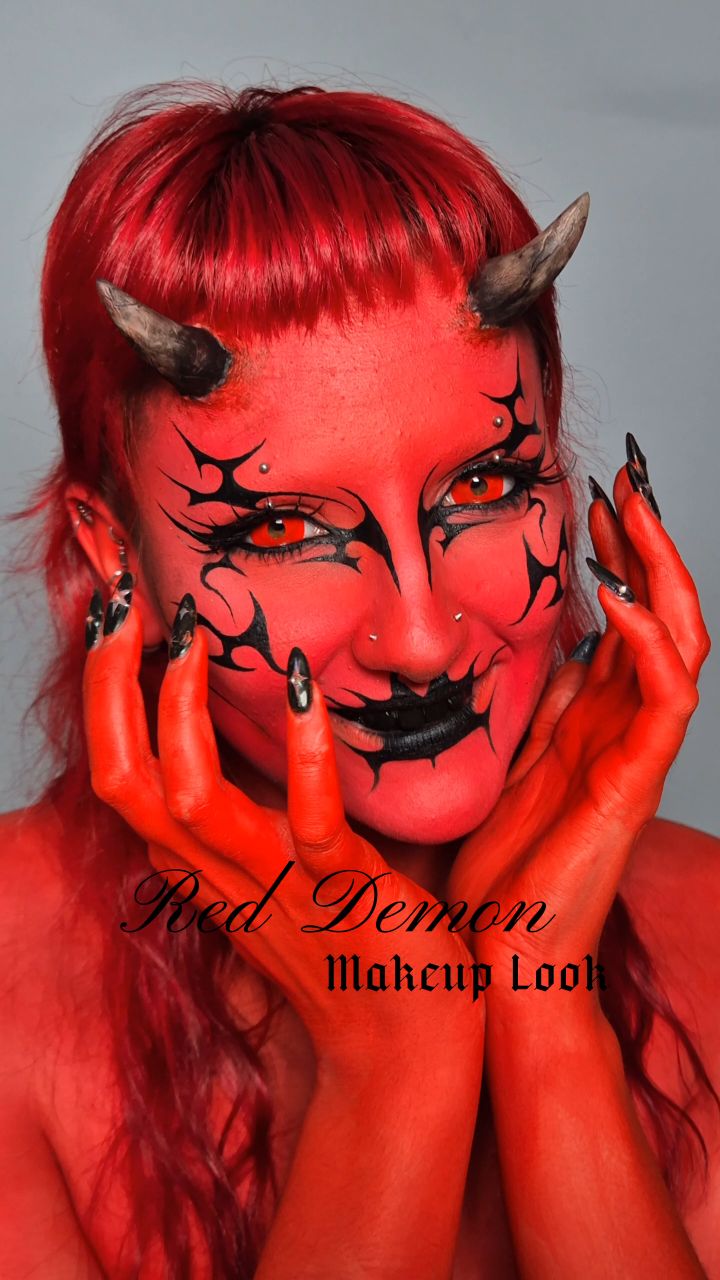 Instagram post by @nonaa_mua for RCMA Makeup. Caption reads: RED DEMON MAKEUP 

Using:
@glisten_cosmetics....