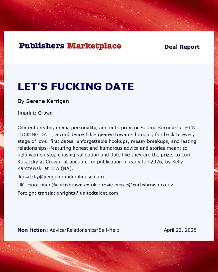 Instagram post by @serenakerrigan for Crown Publishing. Caption reads: I CANT KEEP THIS SECRET FOR ANY LONGER!!! I can’t....