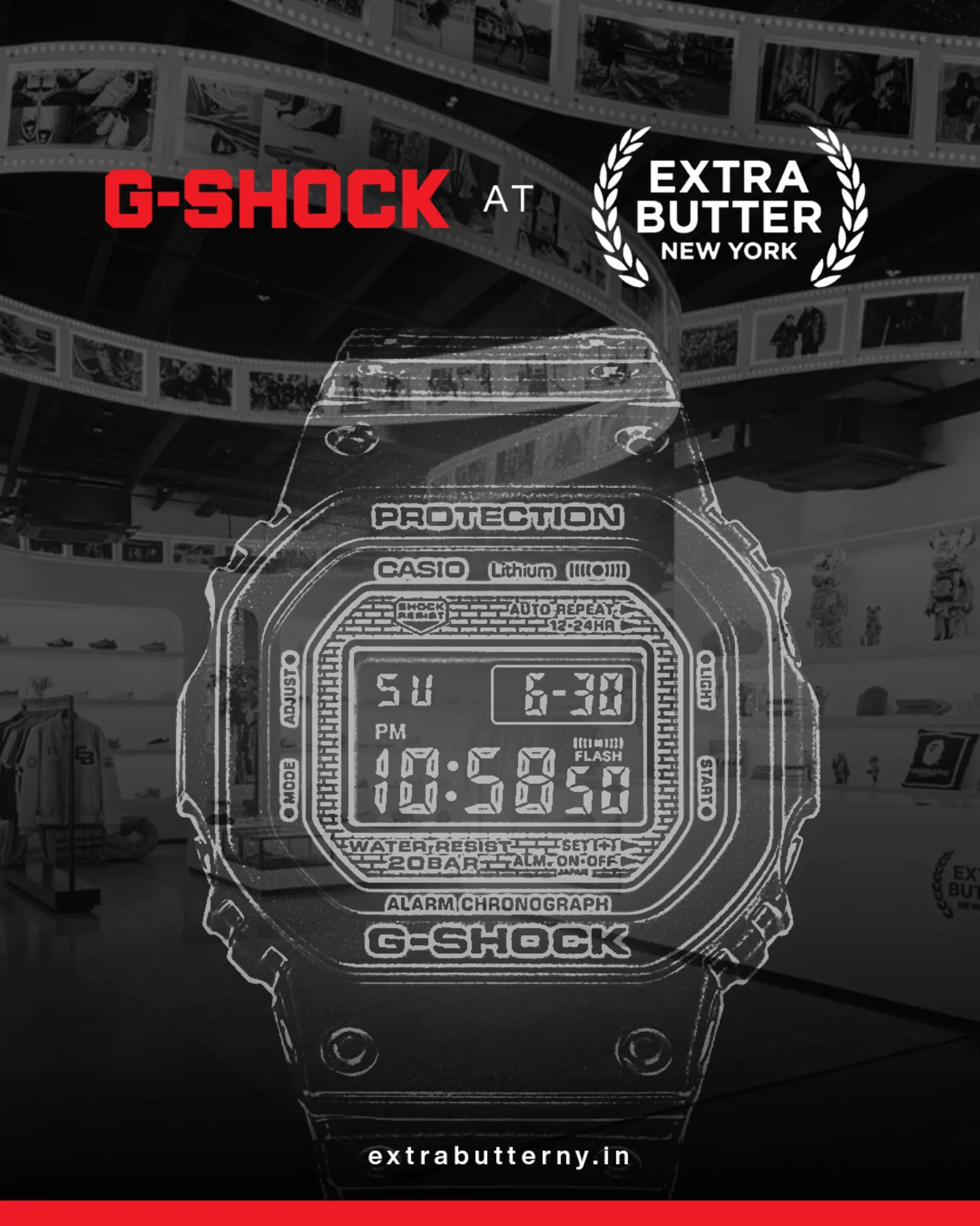 Instagram post by @extrabutter_india for G-SHOCK. Caption reads: Your favorite watch just dropped at Extra Butter.....