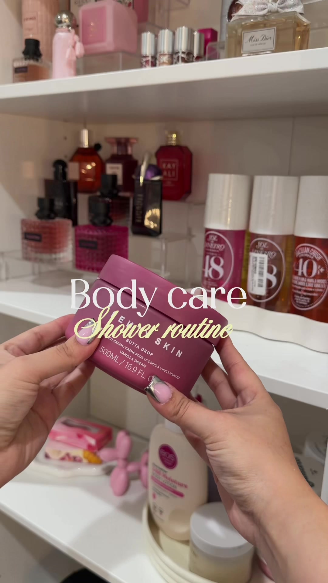 TikTok post by @simplystefania for OUAI. Caption reads: [...] shower routine✨  @Saltair Body  @Fenty Skin ....