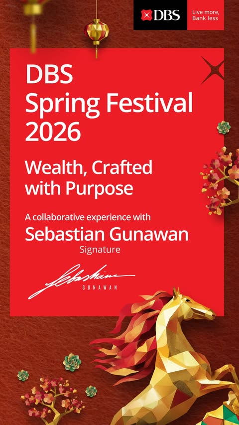 Instagram post by @sebastiangunawanofficial for DBS Bank. Caption reads: DBS Spring Festival 2026 Wealth, crafted with....