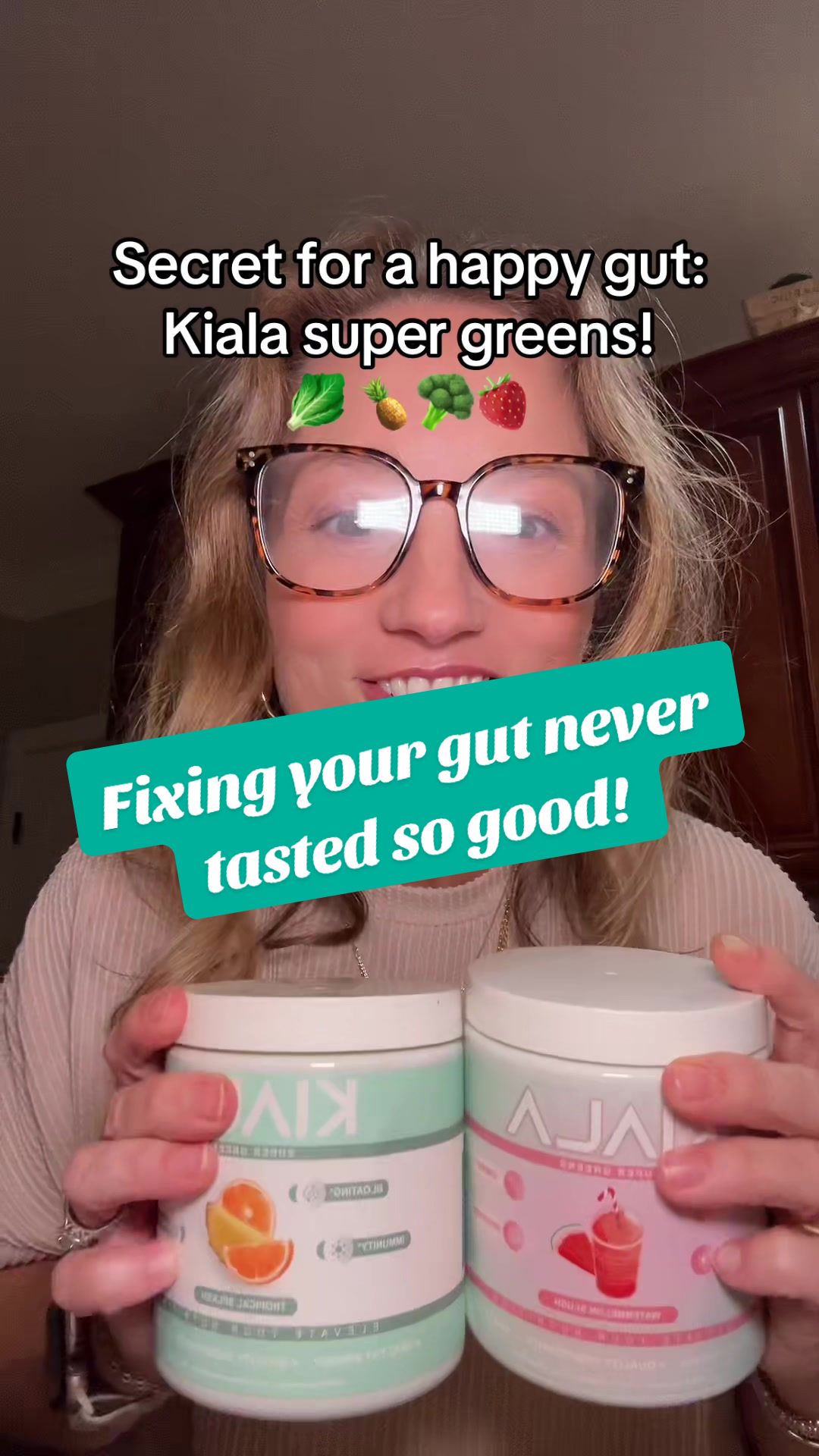 TikTok post by @amfoster01 for KIALA NUTRITION. Caption reads: #supergreens #kialagreens #viralgreens #over40....