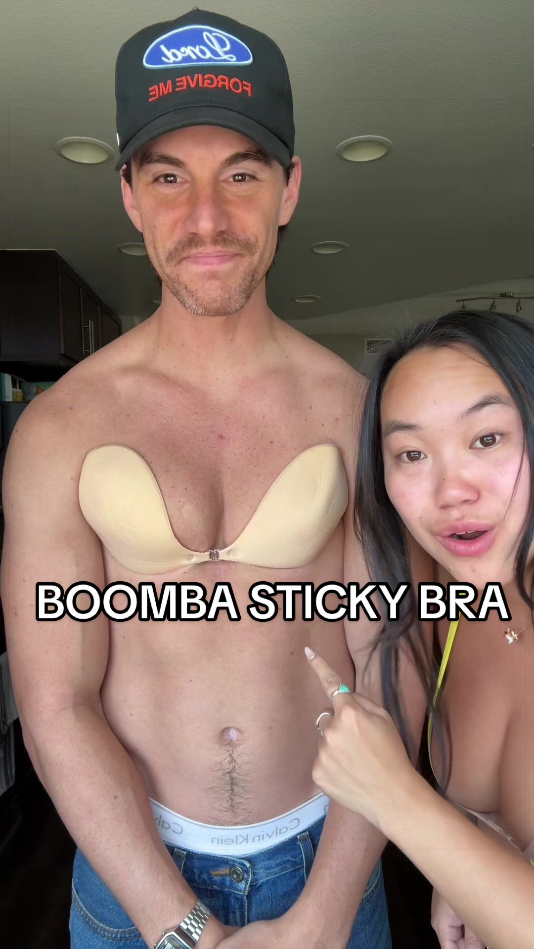 TikTok post by @hanaisfinechina for Boomba. Caption reads: We wear the sticky bra all year around....