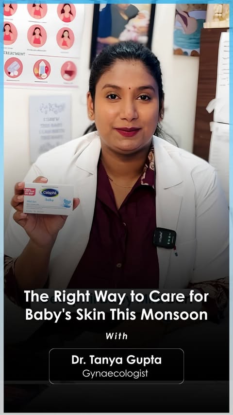 Instagram post by @dr_tanyagupta_obsgynae for Cetaphil Baby. Caption reads: [...] for your baby’s delicate skin. 🌧️👶....