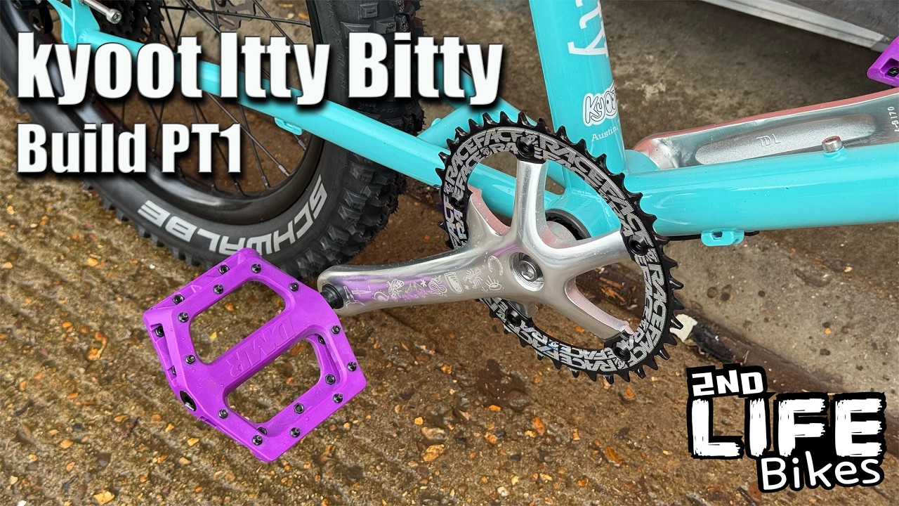 YouTube post by @2NDLIFEBIKES for Hiplok. Caption reads: kyoot Itty Bitty Build Pt1 - Mini Velo.