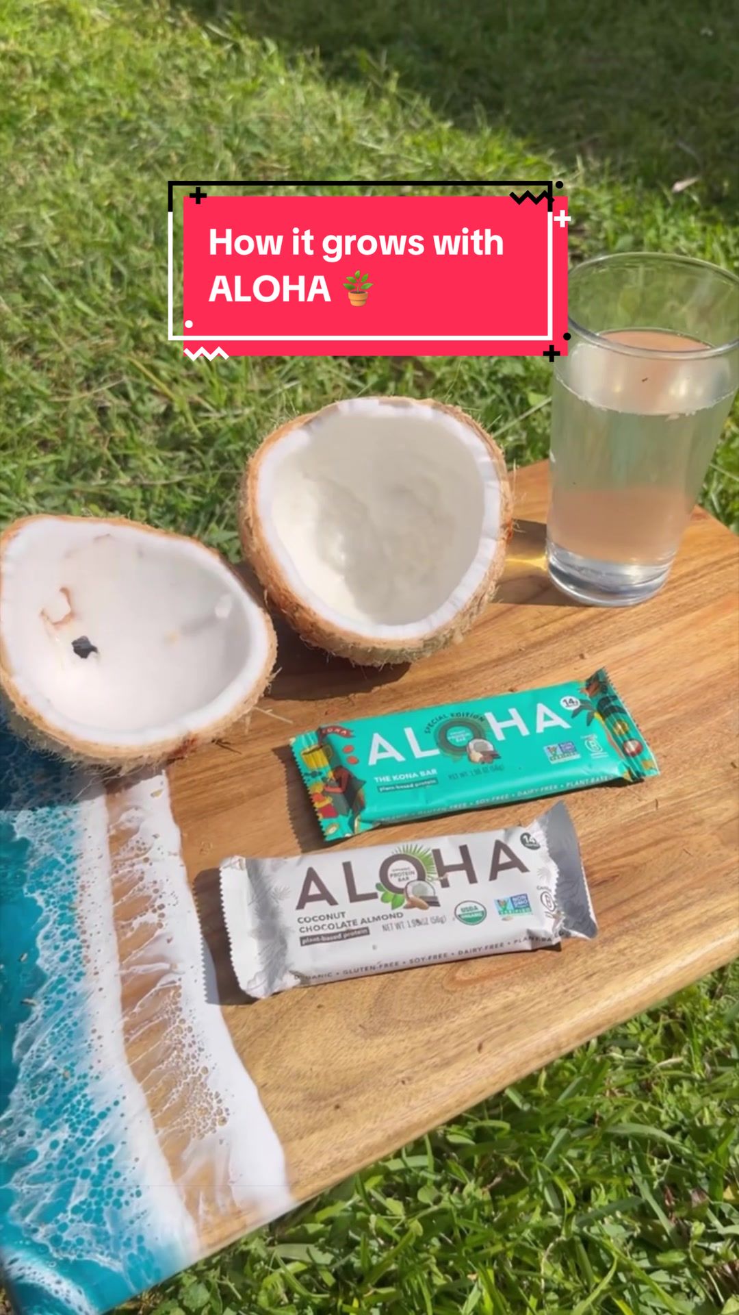 TikTok post by @gray.davis for Aloha. Caption reads: How it grows: Coconut 🥥 with @ALOHA Protein #fyp....