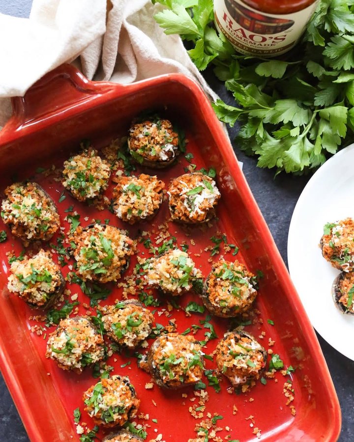 Instagram post by @serenagwolf for The Kitchn. Caption reads: THE STUFFED MUSHROOMS ARE HERE!!! __ Stuffed....