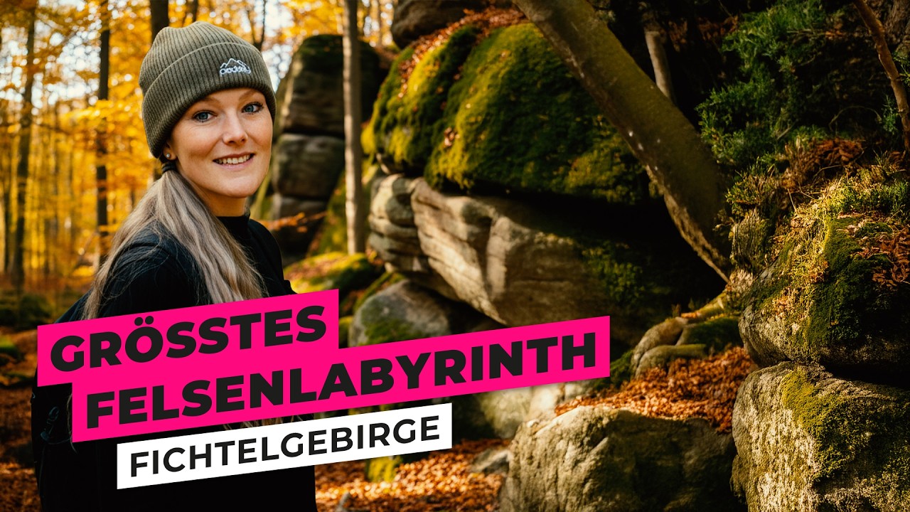 YouTube post by @pedelly for komoot. Caption reads: These rocks are a must-see – Fichtel Mountains in....