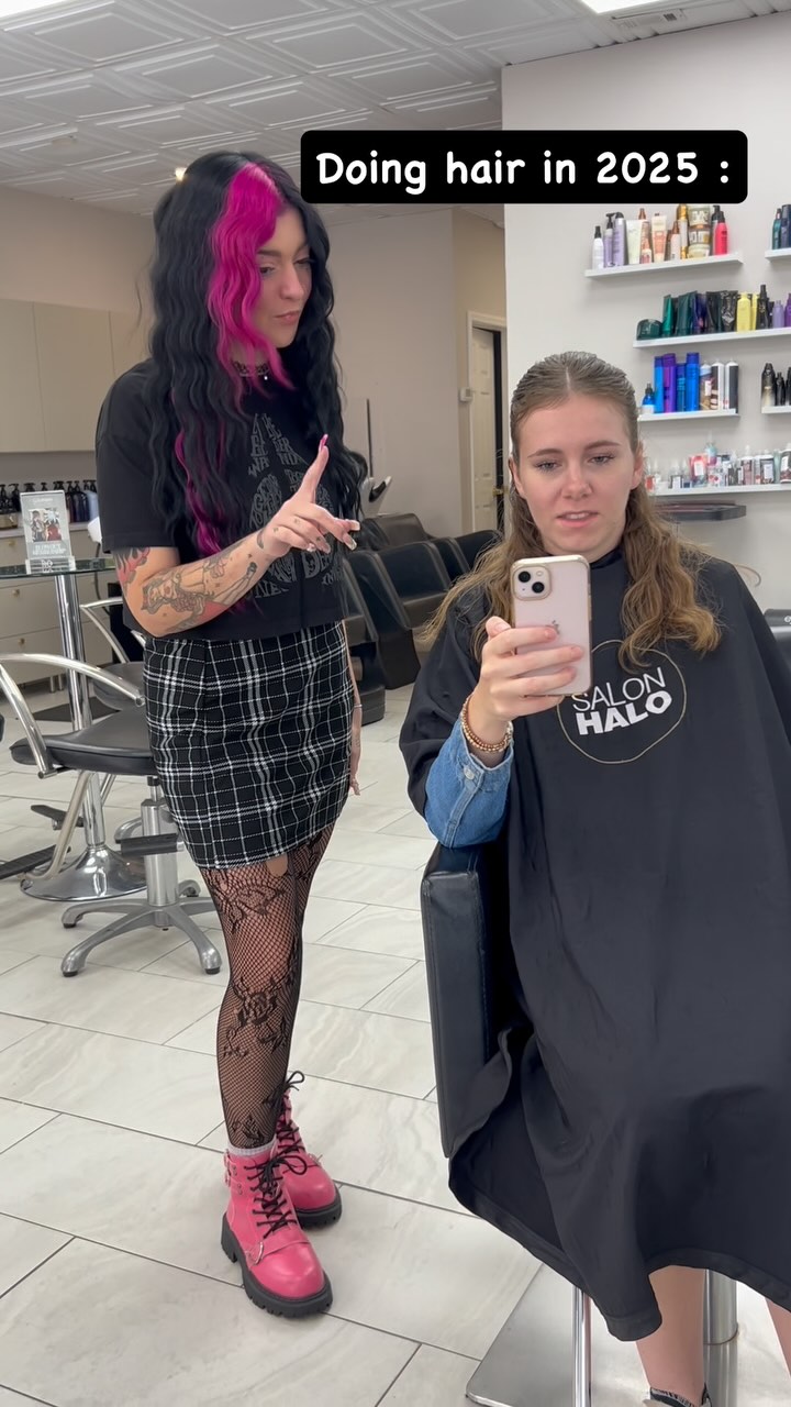 Instagram post by @salonhalo_fl for ROMWE. Caption reads: Doing hair in 2025 be like 🤖🖤 @salonhalo_fl....