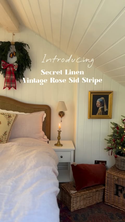 Instagram post by @my_renovating_diary for Secret Linen Store. Caption reads: [...] Rose Sid Stripe linen bedding from....