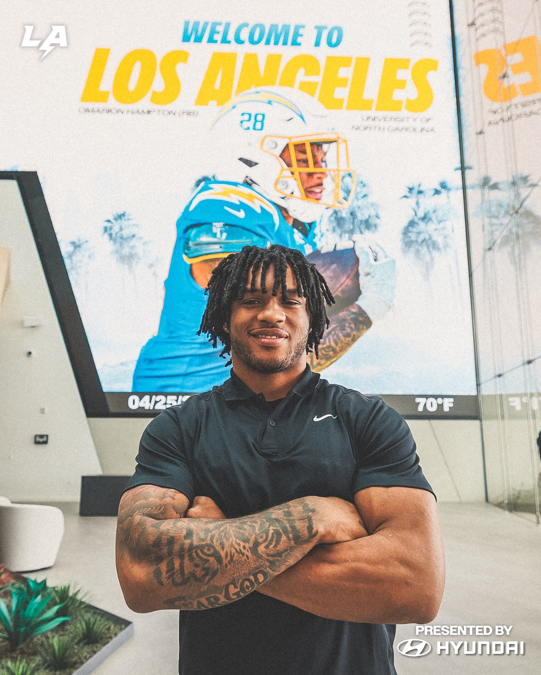 Instagram post by @uncfootball for Hyundai USA. Caption reads: city boyyy.
