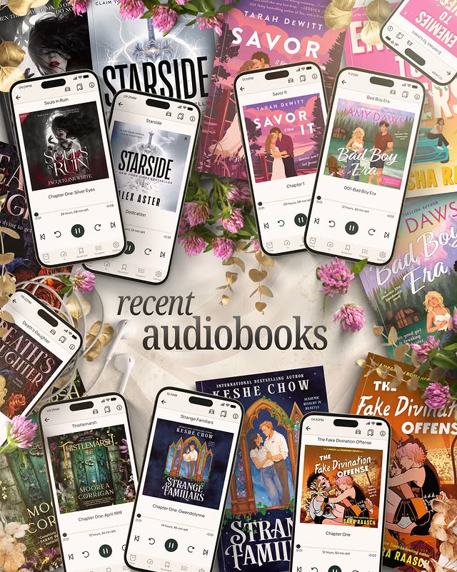 Instagram post by @hushedlibrary for Avon Books. Caption reads: [...] @simonmaverickaudio, @librofm, @avonbooks,....